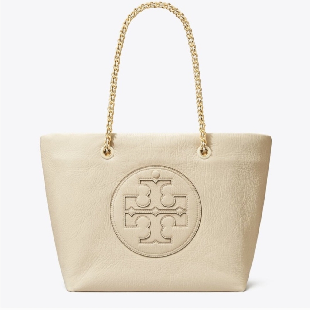 Tory Burch Ella Crinkle Patent Chain Tote Oat Cream Gold Shoulder Bag